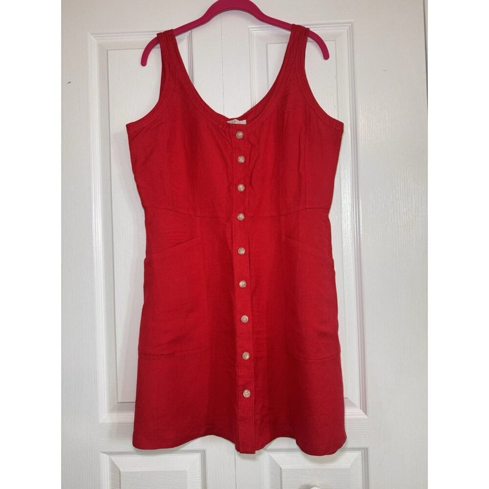 LOFT Red Linen Blend Button Front Dress Size 10 Sleeveless Knee Length Pockets
